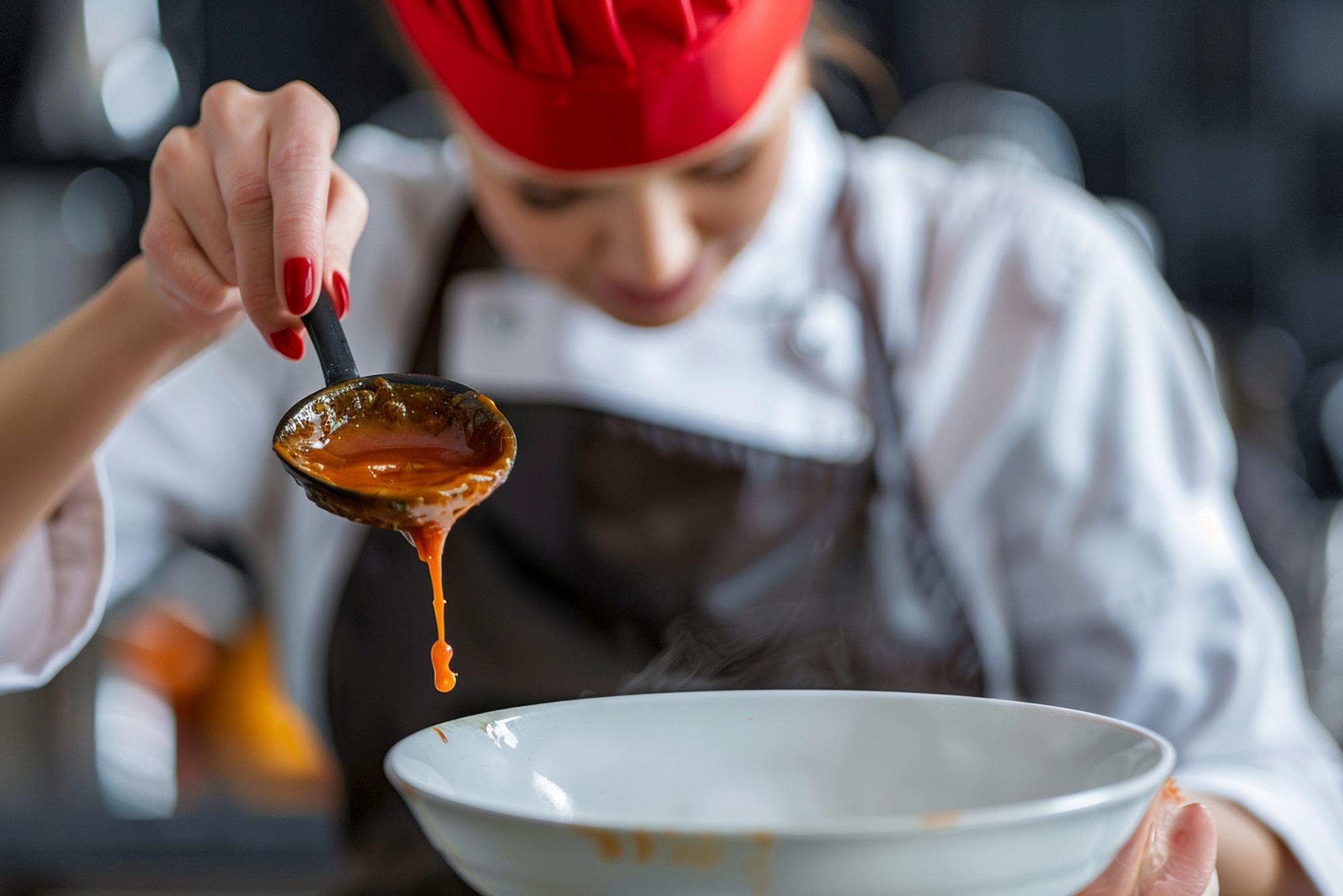 Chef tasting sauce in kitchen